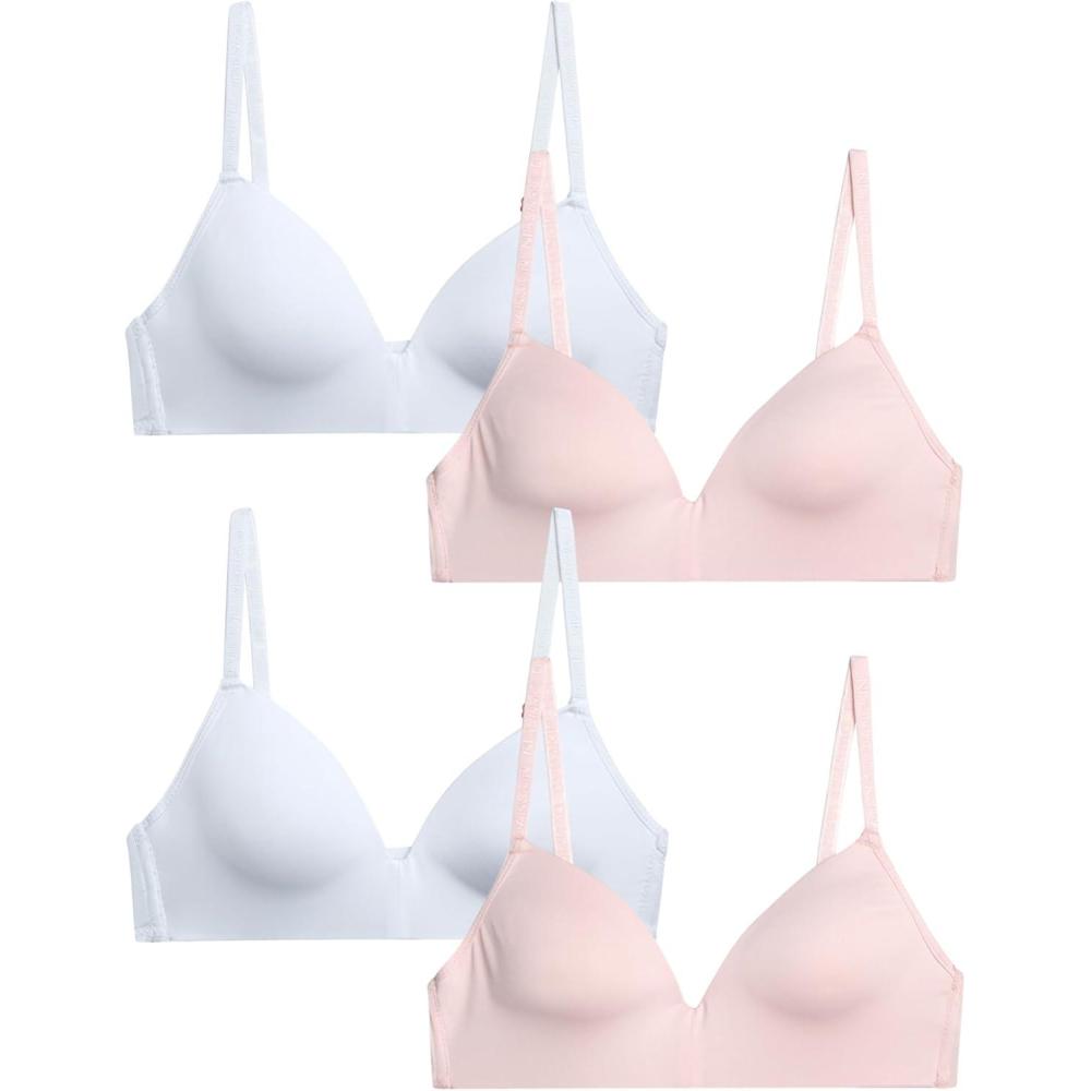 imageDanskin Girls Training Bra 4 Pack Wireless Molded Cup Bras for Teens with Adjustable Straps Sizes 30A36APink BlissWhite Molded