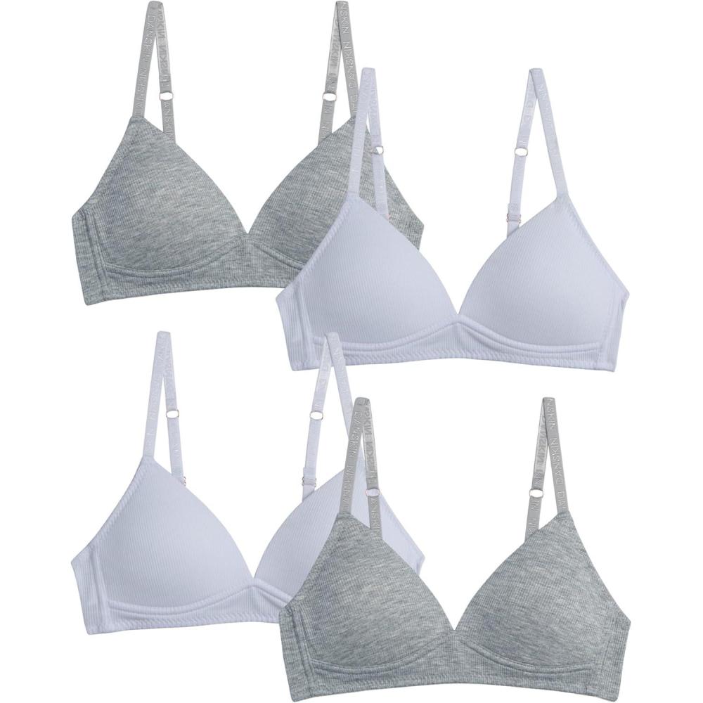 imageDanskin Girls Training Bra 4 Pack Wireless Molded Cup Bras for Teens with Adjustable Straps Sizes 30A36AWhiteLight Grey Heather Molded Rib