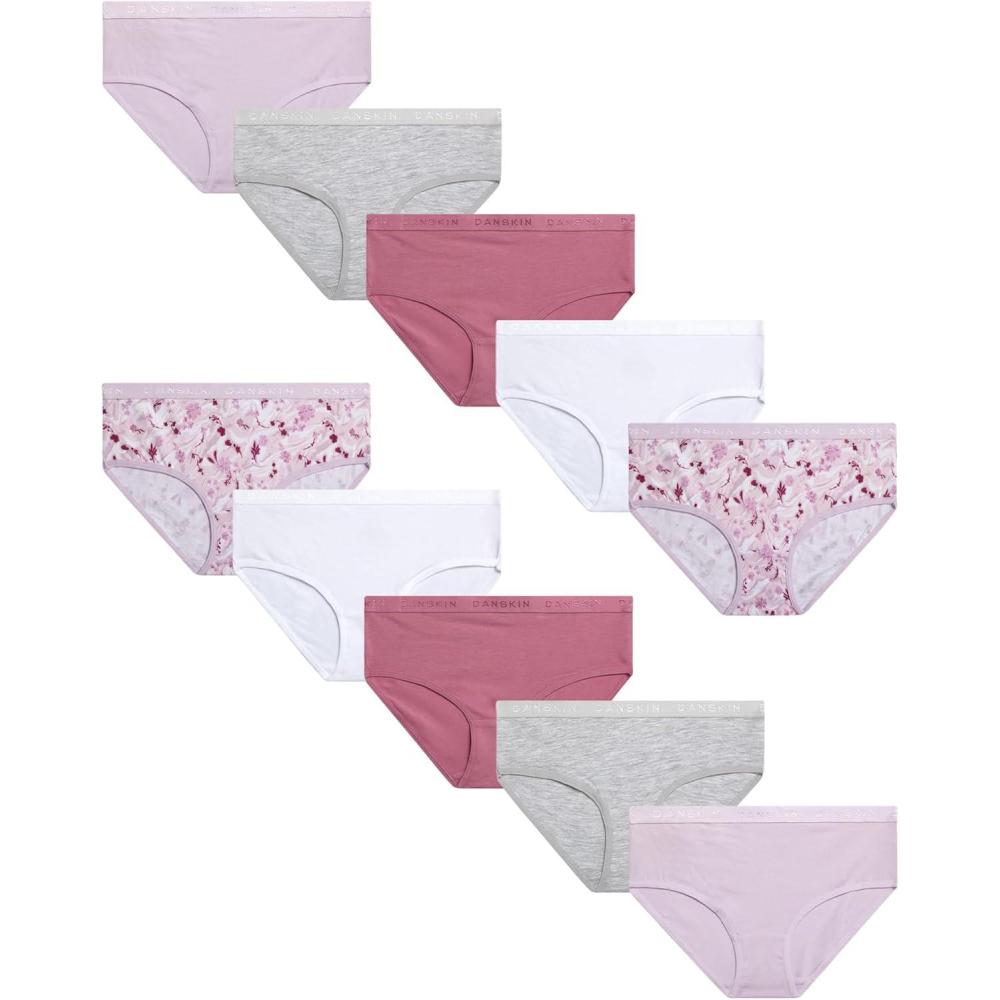 imageDanskin Girls Underwear Hipster Briefs 10 Pack Comfort Stretch Breathable Cotton Underwear Hipster Panties for Girls 412FloralWhiteHeather GreyLavender
