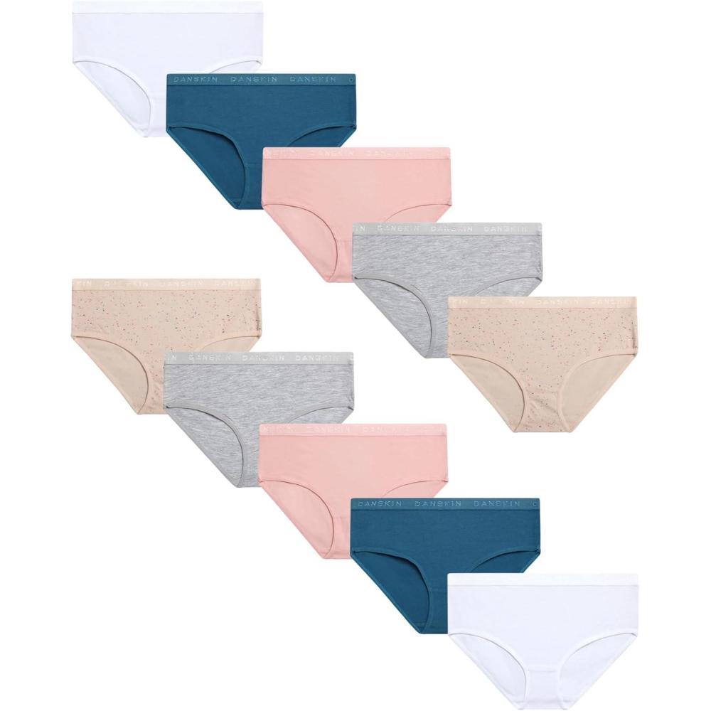 imageDanskin Girls Underwear Hipster Briefs 10 Pack Comfort Stretch Breathable Cotton Underwear Hipster Panties for Girls 412PrintWhitePinkHeather Grey