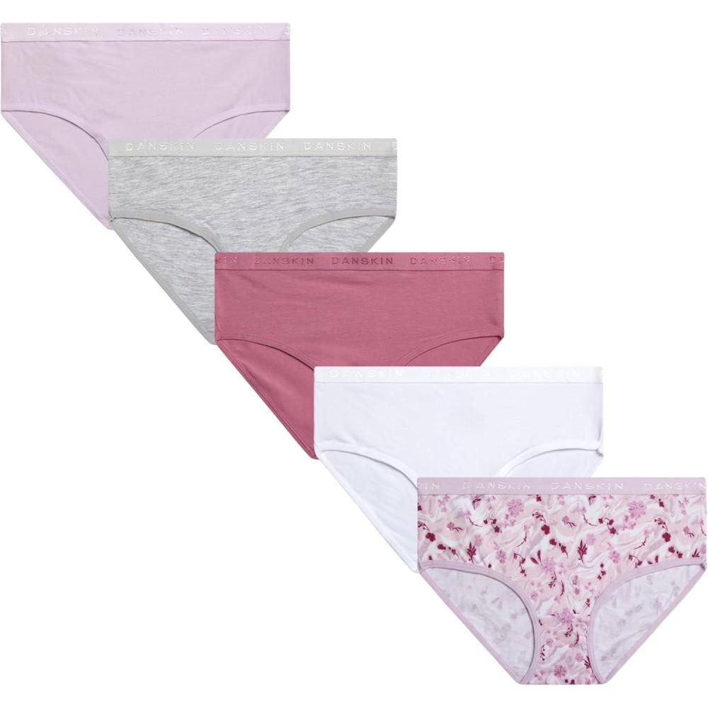 imageDanskin Girls Underwear Hipster Briefs 5 Pack Comfort Stretch Breathable Cotton Underwear Hipster Panties for Girls 412FloralWhiteHeather GreyLavender
