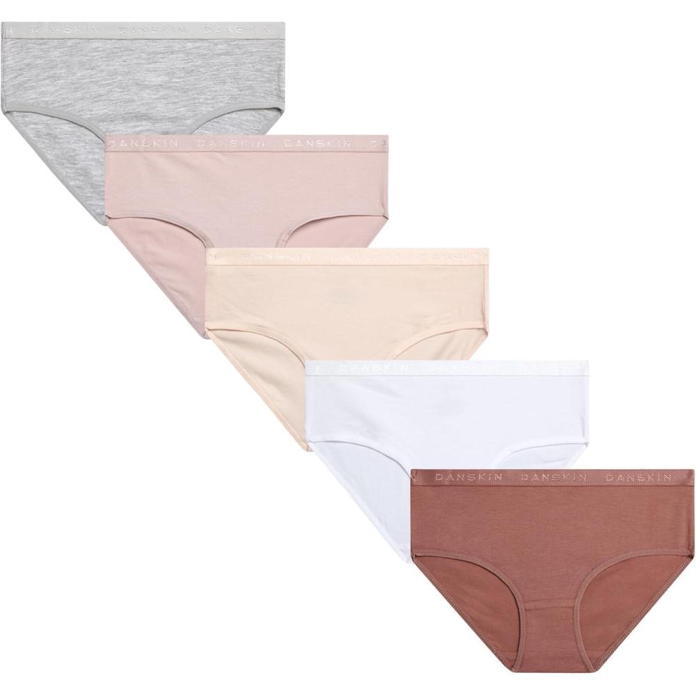 imageDanskin Girls Underwear Hipster Briefs 5 Pack Comfort Stretch Breathable Cotton Underwear Hipster Panties for Girls 412Heather GreyWhiteBlushBrown