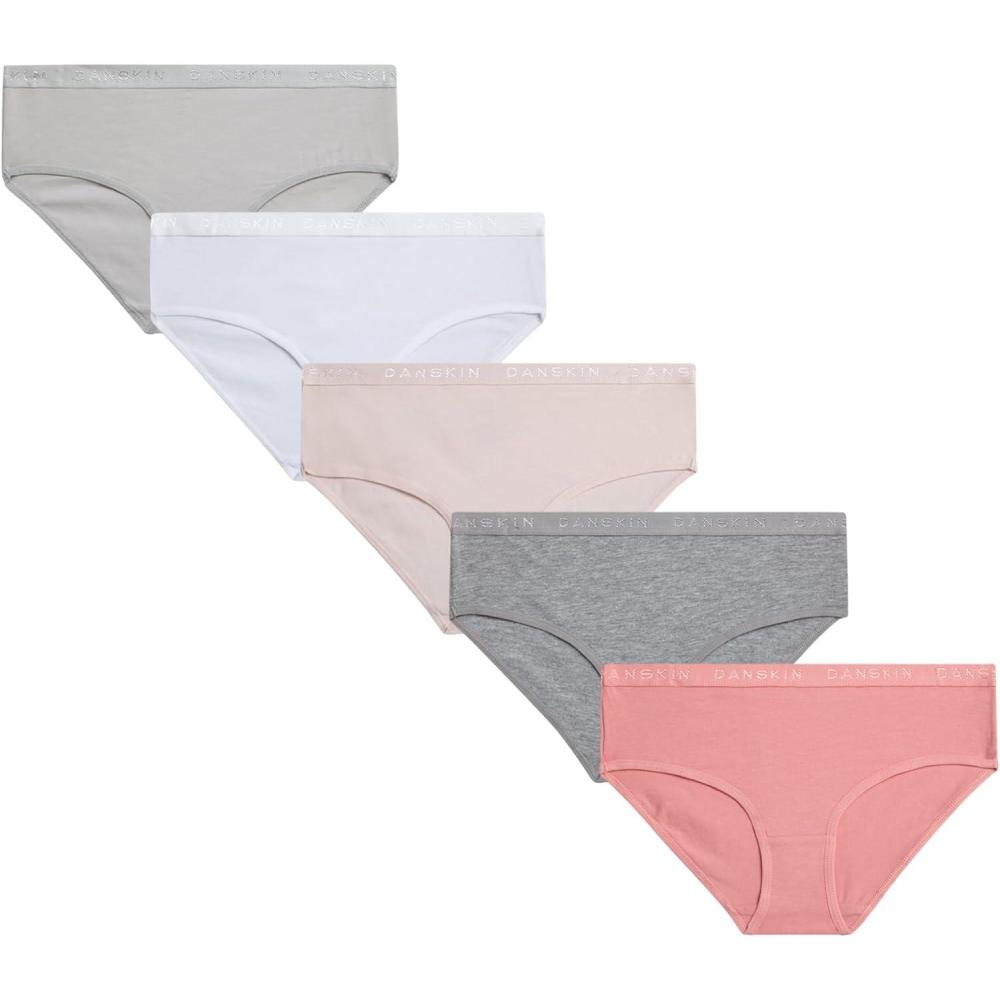 imageDanskin Girls Underwear Hipster Briefs 5 Pack Comfort Stretch Breathable Cotton Underwear Hipster Panties for Girls 412MauveBlushWhiteGreyHeather Grey