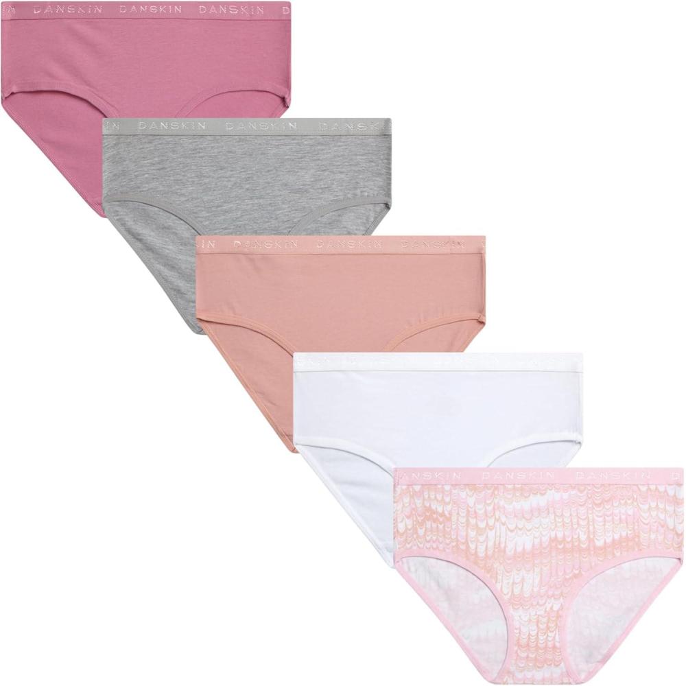 imageDanskin Girls Underwear Hipster Briefs 5 Pack Comfort Stretch Breathable Cotton Underwear Hipster Panties for Girls 412PrintDusty PinkPink ThistleWhiteLight Grey Heather