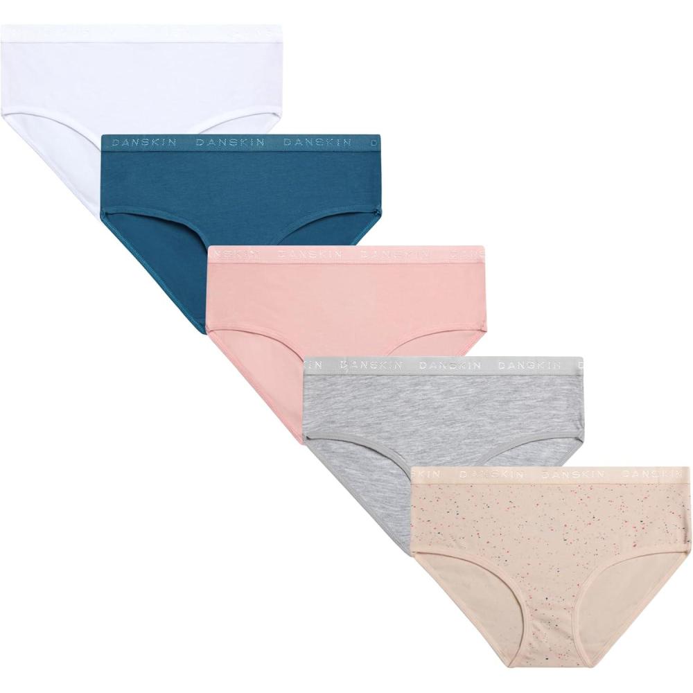 imageDanskin Girls Underwear Hipster Briefs 5 Pack Comfort Stretch Breathable Cotton Underwear Hipster Panties for Girls 412PrintWhitePinkHeather Grey