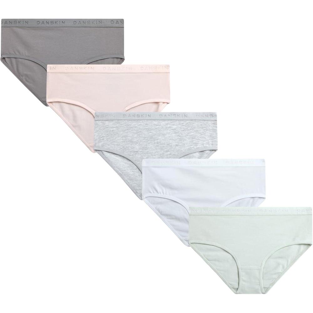 imageDanskin Girls Underwear Hipster Briefs 5 Pack Comfort Stretch Breathable Cotton Underwear Hipster Panties for Girls 412SageWhiteGreyPinkHeather Grey