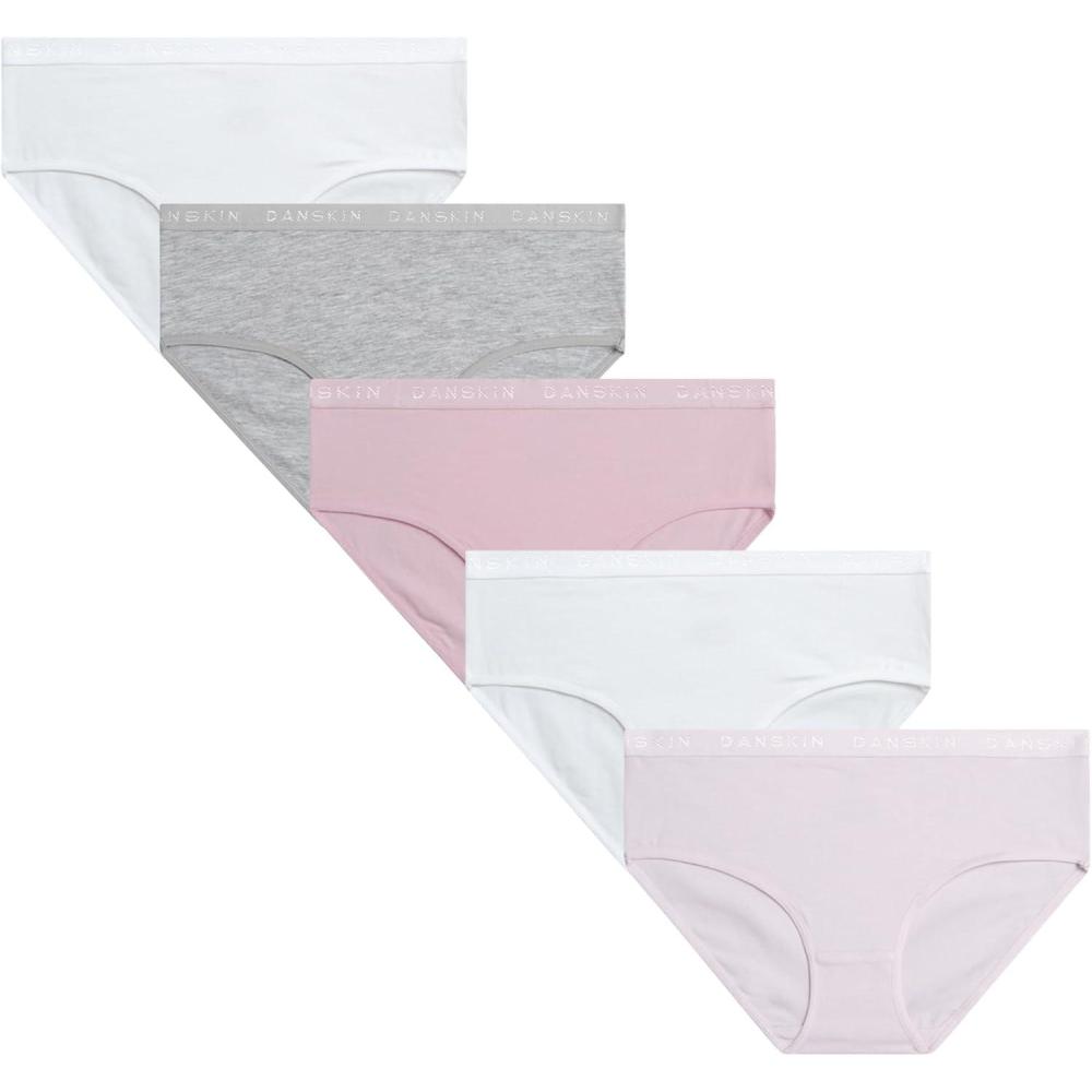 imageDanskin Girls Underwear Hipster Briefs 5 Pack Comfort Stretch Breathable Cotton Underwear Hipster Panties for Girls 412Totally LilacWhiteLight Grey HeatherWhitePink